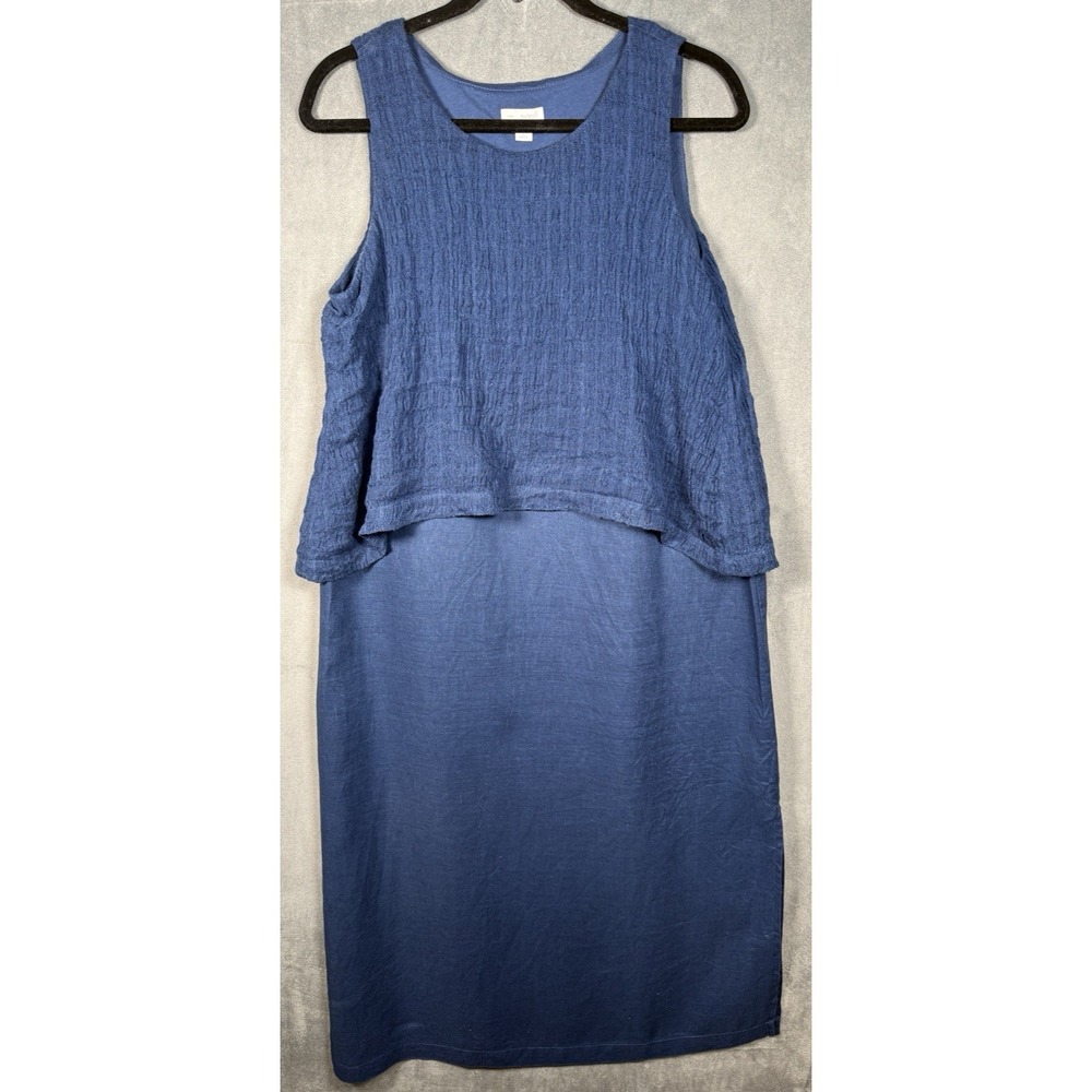 J. Jill Linen Blue Batik Overlay Maxi Dress Pure Jill Layered Size M Petite Boho